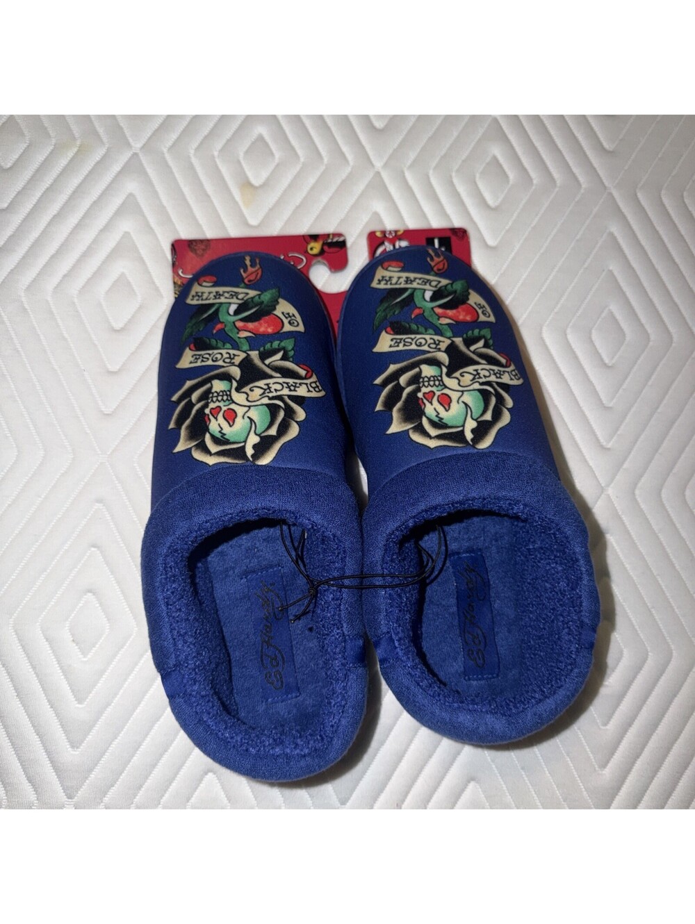 Ed Hardy Women’s Slippers Blue Faux Fur Slip On Skull Black Rose NWT Size L 9/10